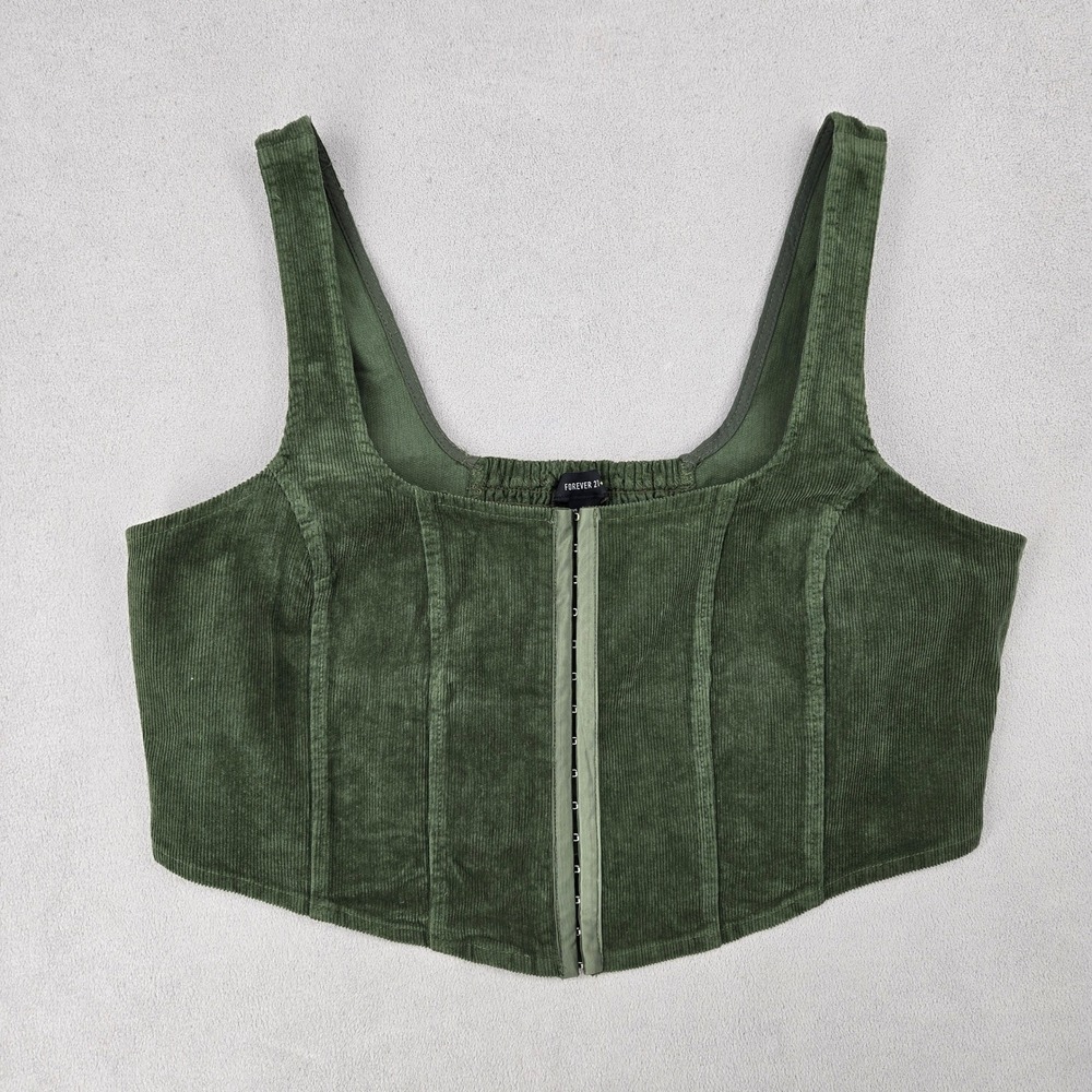 Forever 21 Women 2X Olive Green Corduroy Corset Hook Eye Smocked Crop Top